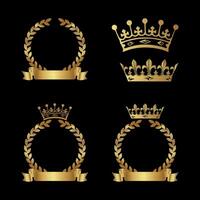 Set of Realistic Golden Crowns with Laurel Wreaths, Golden Ribbons for text, isolated on black background. Golden branch of olive leaves of victory symbol with ribbon and crown. Awards and honors. vector