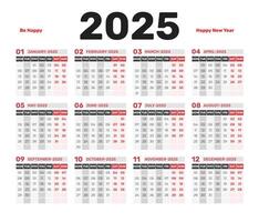 Calendar 2025 - Simple Layout Illustration. Week starts on Sunday. Calendar Set for 2025 year. Planner diary in minimalist style. Corporate and business calendar. 2025 calendar in minimal style vector