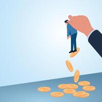 A man is raised by a big hand and coins fall scattered. Illustration for corruption investigation, bribery investigation and looking for traces of misappropriation of funds. vector