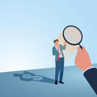 A man is shone through a magnifying glass and there is a shadow of money behind him. Illustration for corruption investigation, bribery investigation and looking for traces of misappropriation of funds. vector