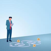 A man writes a report about the money trail at the crime scene. Illustration for corruption investigation, bribery investigation and looking for traces of misappropriation of funds. vector