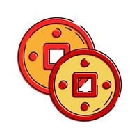 Chinese Coins Illustration, Two traditional gold coins with square holes, representing wealth and prosperity. vector