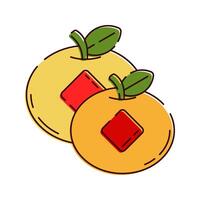 Mandarins Illustration, Two oranges with green leaves and red patterns, symbolizing wealth and good luck. vector