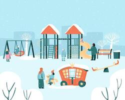 Children with parents on the playground in winter vector
