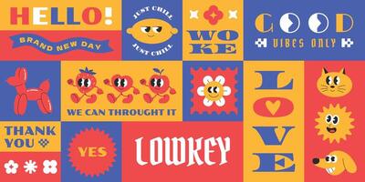 Groovy hipster character elements. Colorful geometric shape patch, badge. Gen z and millenials slang words. vector