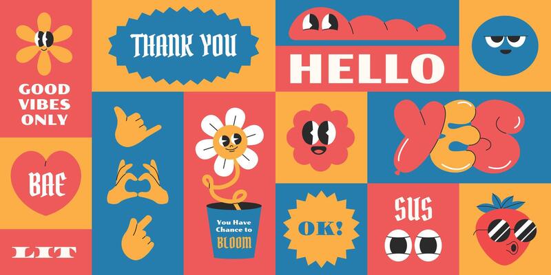 Cool groovy character retro vintage geometric shape elements collection. Gen z and millenials slang words.