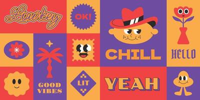 Groovy colorful design character vintage collection with gen z and millenials slang words. vector