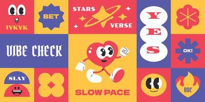 Hipster groovy character collection. Colorful retro geometric shape with gen z and millenials slang words vector