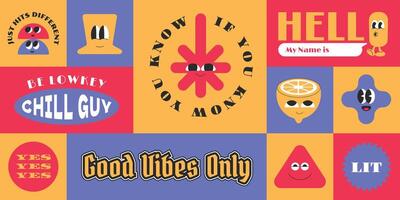 Groovy character collection. Hipster geometric shape elements with gen z and millenials slang words. vector