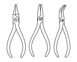 Different types of technical pliers, forceps, sketch of the silhouette of dentist tools. Concept of dentistry, orthodontics and medical instruments vector