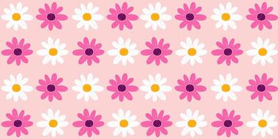 Pink and White Spring Flowers Drawn with Pencil on Paper with Grunge Effect Perfect for Spring and Summer Prints. Seamless pattern. Simple grunge botanical background. Children sketches scattered on vector