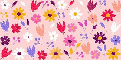Colorful Spring Flowers Drawn with Pencil on Paper with Grunge Effect Perfect for Spring and Summer Prints. Seamless pattern. Simple grunge botanical background. Children sketches scattered on flat vector