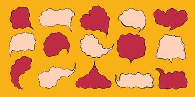 Collection of Chat Bubbles with Wavy Grunge Edges. Hand drawn colorful speech blobs. Chat boxes isolated on yellow background. Comic book abstract text boxes. vector