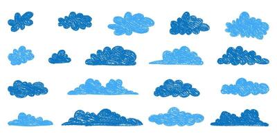 Cute Clouds Drawn on Paper with Grunge Texture. Pencil drawings of clouds. Abstract cartoon and fluffy cloud icons. vector