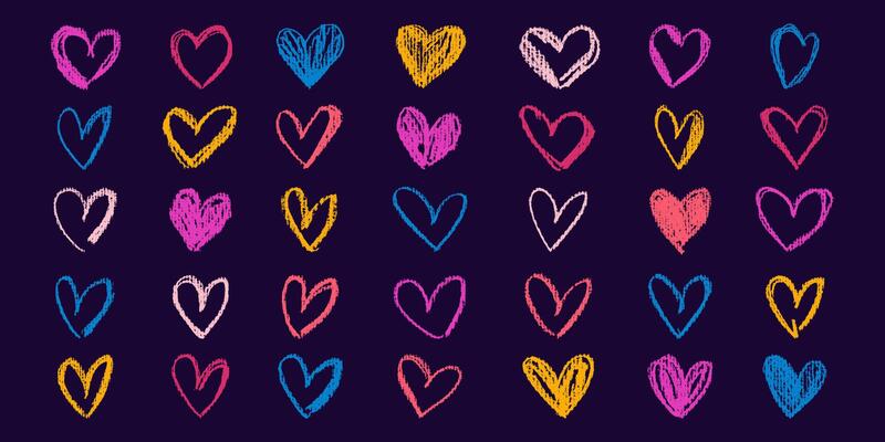 Colorful Grunge Icon Hearts. Cute doodle love sign isolated on dark background. Scribble heart shapes drawn with pencil