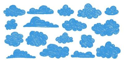 Blue Hand Drawn Clouds with Grunge Texture. Pencil drawings of clouds. Abstract cartoon and fluffy cloud icons. vector