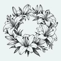 Decorative element with outline illustration of a wreath of lilies, Hand Drawn wreath line art. Circle floral frame in black ink sketch style. Elegant wedding invitation design. Botanical clipart vector