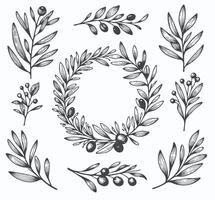 Laurel Motif, wreath symbol. A wreath with leaves and a symbol for the winner of the contest. A wreath with the words olives on it, Outline olive branch vector