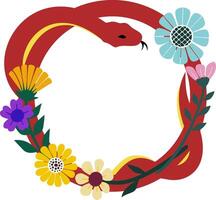 A red snake intertwined with colorful flowers forming a circular frame adorned with various floral elements for Year of the Snake suitable for Chinese New Year celebrations and decorative borders. vector