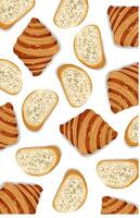 Dry croissants and delicious slices pattern on white background. Bread texture vector