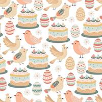 Festive seamless pattern with Easter eggs, cakes and cute birds. Illustration in hand drawn flat style, pastel colors. Ideal for wrapping paper, holiday textile vector