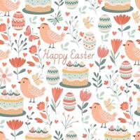 Spring seamless pattern with Easter eggs, cakes, flowers and cute birds on white background. illustration in hand drawn flat style, pastel colors for wrapping paper, festive textile vector