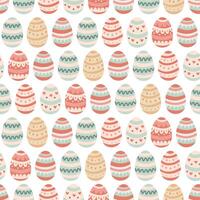 Seamless pattern with decorative Easter eggs on white background. Illustration in hand drawn flat style, pastel colors for wrapping paper, festive textile vector