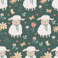 Easter seamless pattern with flowers, butterflies and little funny lambs on green background. Illustration in hand drawn flat style, pastel colors for wrapping paper, festive textile vector