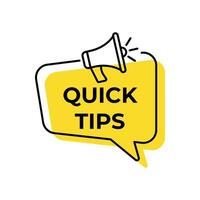 Quick tips symbol. Megaphone yellow banner. Education faq sign. Best help assistance. Thought speech bubble with quotes. Top tips chat think megaphone message. vector