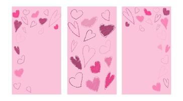 Vertical crayon heart pattern hand drawn with pastel. Valentine story banner. Abstract love frame with charcoal material scribble. 14 February lipstick texture background draw set. Chalk stroke vector
