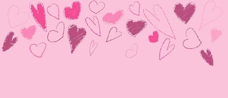 Pastel brush heart pattern. Hand drawn abstract Valentine border with crayon material. Grunge chalk scribble for 14 February. Lipstick or marker paintbrush stroke panorama design for presentation. vector