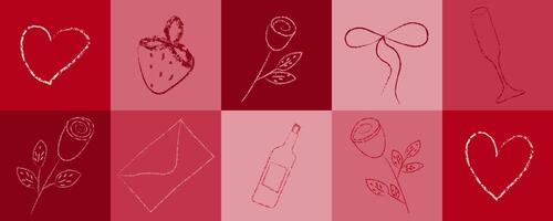 Red Valentine day chalk element illustration. Love shape symbol, rose, envelope and wine artwork crayon stroke drawing for romantic celebration. Simple geometric background with tile graphic. vector