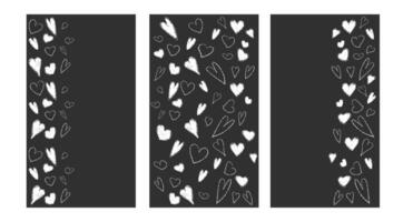 Crayon brush heart pattern for vertical story. Black and white hand drawn pastel valentine banner. Abstract chalk freehand border for love day frame. Cute lipstick texture scratch on template design vector