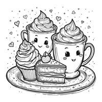 Charming Delights Whimsical Cups, Cake, and Cupcake Coloring Page vector