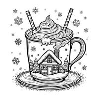 Cozy Winter Mug Festive Coloring Page with Whipped Topping and Snowflakes vector