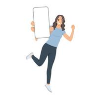 Happy young woman showing empty cellphone screen while jumping up. vector