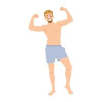 Young muscular man flexing biceps and smiling happy. vector
