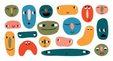 Doodle face set. Abstract colorful with different emotions faces. Flat design. Modern illustration. Faces isolated vector