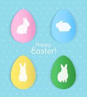 Happy Easter banner design with decorative colored paper eggs and white bunny silhouettes on blue background vector