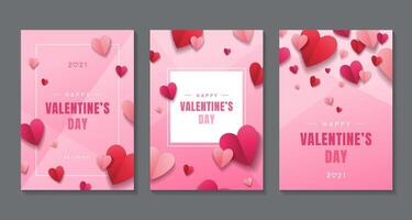 Happy Valentine's Day. Set of stylish posters with red and pink paper hearts on pink background. Design for print or web vector