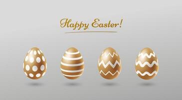 Happy Easter greeting card with realistic golden eggs with white ornament on light background vector