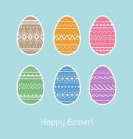 Happy Easter greeting card design with traditional colorful eggs with white ornament on blue background vector