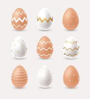 Realistic Easter Eggs set with modern white and golden ornament on brown and white chicken eggs vector