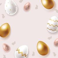 Easter eggs with bunny silhouettes on light background. Realistic chicken and quail eggs painted and decorated with trendy golden ornaments for Easter vector