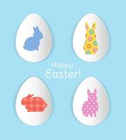Happy Easter greeting card design with decorative paper eggs and bunny silhouettes filled with different bright patterns vector