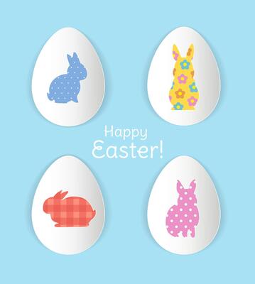 Happy Easter greeting card design with decorative paper eggs and bunny silhouettes filled with different bright patterns