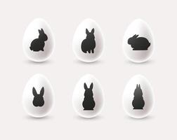 Set of decorative minimalistic white Easter eggs with black rabbit silhouettes vector