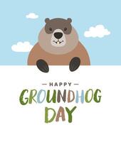 Happy Groundhog day card design template. Cute groundhog character illustration with colorful hand drawn text vector
