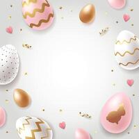 Easter background concept with realistic decorated eggs in white, pink and golden colors. Eggs, confetti and paper hearts on a light background with place for text vector