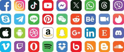 Social Media logos, logo set, Minimal logos, Facebook, youtube, whatsap, tiktok, instagram, zoom, apple, android, threads, skype, tinder vector